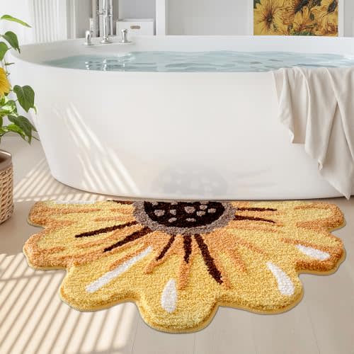 LUMI Floral Bath Mat, Sunflower Bathroom Rug, Soft Plush Fluffy Yellow Bath Mat, Absorbent, Non-Slip for Bathroom, Kitchen Sink, Bedroom, Kid's Bedroom, and Living Room, 20"x36"