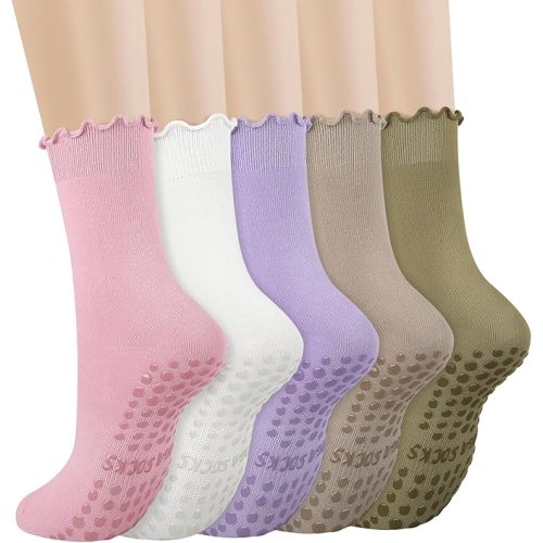 Ludaro 5 Pairs Pilates Yoga Socks with Grips for Women, Cute Cotton Ruffle Frilly Cuff Non Slip Grippy Athletic Crew Socks