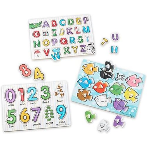 Melissa & Doug Classic Wooden Peg Puzzles (Set of 3) - Numbers, Alphabet, and Colors