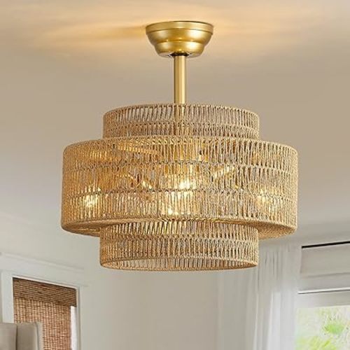 Boho Ceiling Fan with Light and Remote Rattan Chandelier Fan Enclosed Caged Fandelier Ceiling Fan with Light for Bedroom，Nursery,Foyer,Kitchen(6 Speeds Three-Speed Timer Adjustment Height)