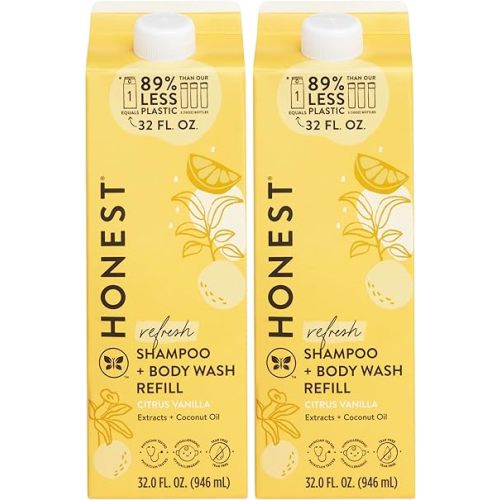 The Honest Company 2-in-1 Cleansing Shampoo Body Wash Refill Carton, Gentle for Baby, Naturally Derived, Tear-free, Hypoallergenic, Citrus Vanilla Refresh, 32 fl oz, (Pack of 2)