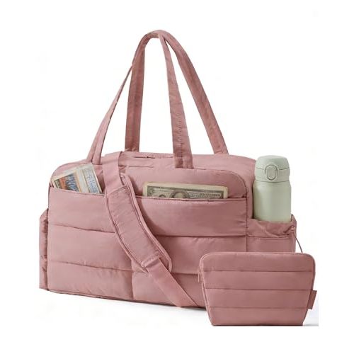 BAGSMART Gym Bag for Women, 2-PC Puffer Travel Duffle Bag Carry On Tote Bag | 31L Lightweight Duffel Bag with Makeup Pouch & Wet Pocket, Fits 15.6" Laptop, Weekender Overnight Bag for Travel Gym Hospital