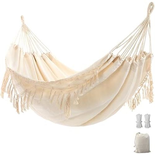Double Boho Macrame Hammock with Elegant Tassels for Patio, Yard, Beach Wedding Decor, Outdoor and Indoor Up to 450lbs Include Tie Ropes and Drawstring Bag