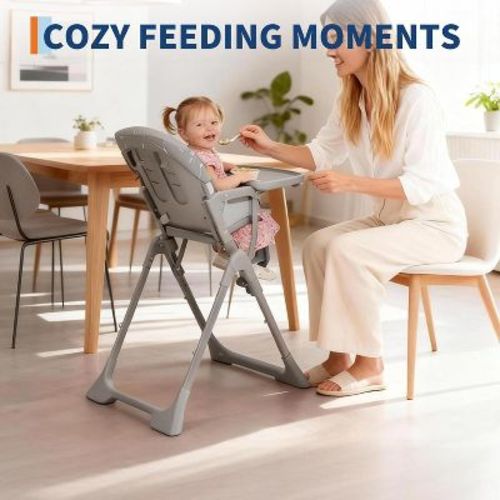 Baby High Chair, Foldable Feeding Chairs for Babies and Toddlers, Adjustable Height/Backrest/Footrest, Removable Tray, Fast Folding Kids Chair, Grey