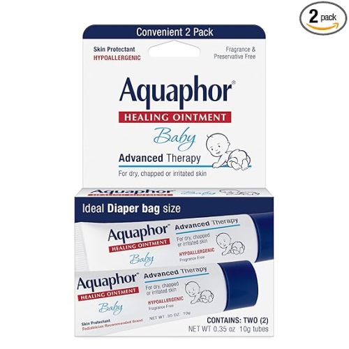 Aquaphor Baby Healing Ointment Advanced Therapy Skin Protectant for Chapped or Dry Skin, Drool Rash and Diaper Rash Ointment, Hypoallergenic Baby Essentials, Travel Size, 0.35 Oz Tube, Pack of 2
