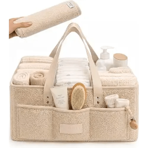Baby Diaper Caddy Organizer with Waterproof Changing Pad, Beige