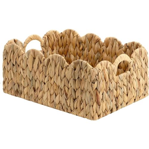 StorageWorks Scalloped Water Hyacinth Baskets, Hand-woven Rattan Baskets with Built-in Handles, Cute Baby Basket for Nursery, Basket for Organizing and Decor, 15"L x 11"W x 6¾"H