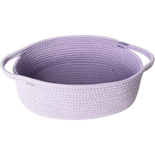 MEGASKET Purple Small Woven Basket, 13” x 9” x 5” Baskets for Gifts Empty, Cotton Rope Gift Basket, Cute Nursery Baby Organizer, Cat Dog Toy Box, Oval Wicker Storage Bin with Handle