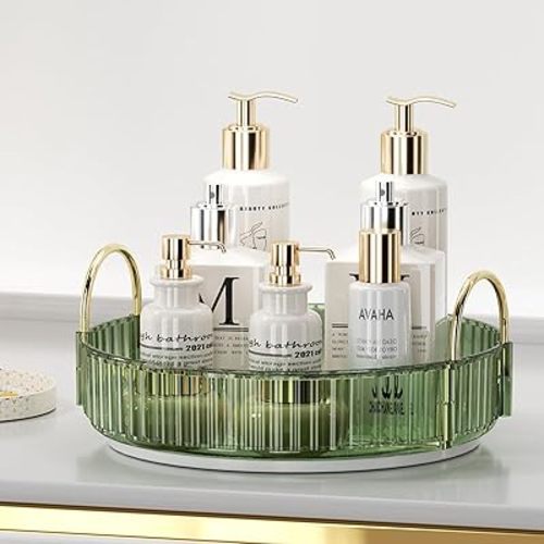 UNICOMVSX Rotating Makeup Organizer for Vanity, Spinning Cosmetics Storage for Bathroom Countertop, Skincare Holder Rack for Facial Cream, Perfume, Lotion, Lipstick(1 Tier, Dark Green)