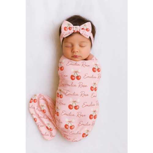 Cherry Coquette Bow Swaddle Baby Name Blanket Baby Girl Swaddle Blanket Wrap Personalized Pink Ribbon Baby Shower Gift Hospital Outfit
