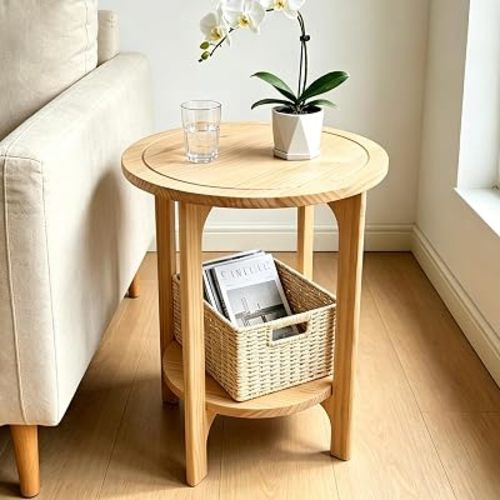 Solid Wood Round Side Table for Living Room, Bedroom