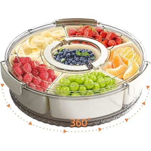 Divided Serving Tray with Lid and Handle, Stackable Snackle Box Container for Fruits Candy Organizer, Portable Spinning Rounded Veggie Tray for Kitchen, Party, Trave and Picnic-1 Pack