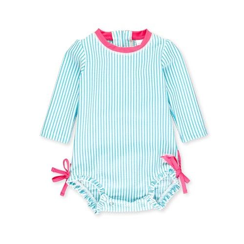 RuffleButts Baby-Girls Seersucker Long Sleeve Rash Guard - One Piece Swimsuit UPF 50+ Toddler