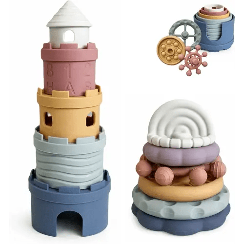 Hippypotamus Stacking Cups & Teething Toys - Silicone Montessori Baby Toys - Teethers for Babies 3-6 Months - Soft Castle Nesting Cups - Stacking Ring Toys