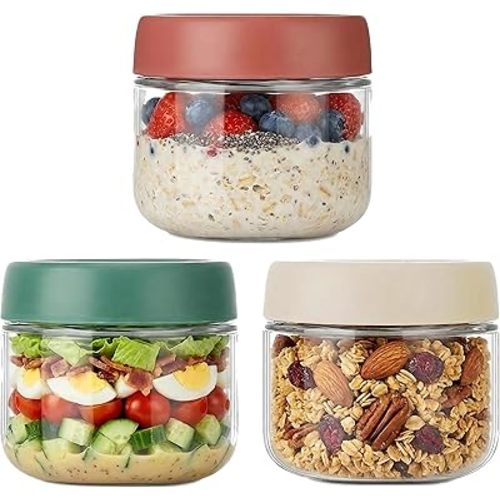 3Pack Overnight Oats Containers with Lids,10oz Glass Jar with Scew Lid,Salad Dressing Fruit Veggies Sauce Snacks Meal Prep Food Containers,Spice Jars,Wide Mouth Storage Containers