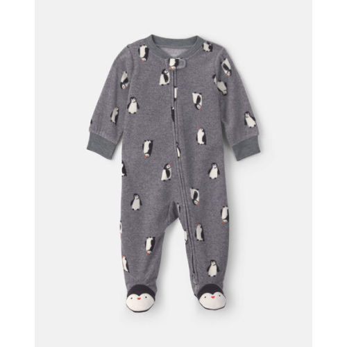 Baby Boy Penguin Fleece 2-Way Zip Sleep & Play Pajamas - Grey | Carter's