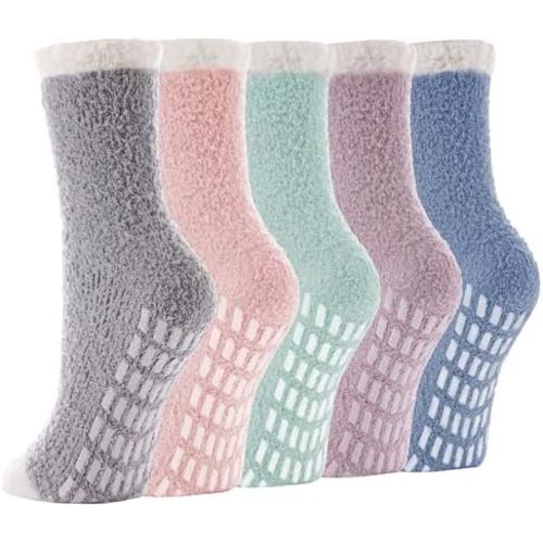 5 Pairs Fuzzy Socks with Grips for Women, Non Slip Cozy Fluffy Soft Socks, Winter Sleep Slipper Hospital