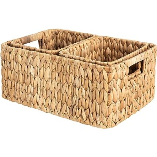 StorageWorks Wicker Storage Baskets for Shelves, Water Hyacinth Storage Baskets for Organizing, Wicker Basket for Bathroom Set of 3 (1PC Large, 2PCS Medium)