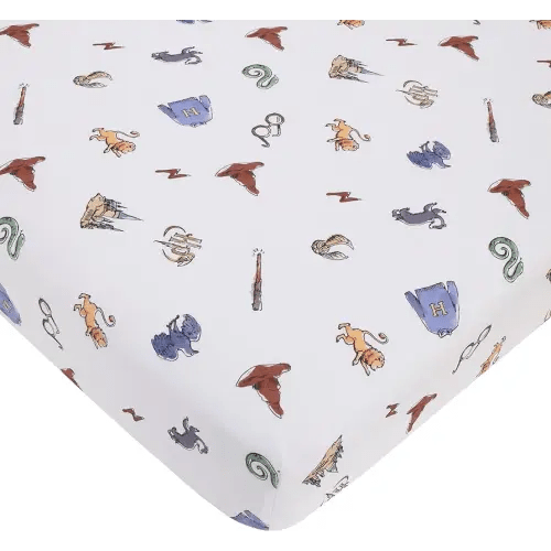 Warner Brothers Harry Potter Welcome Little Wizard Navy, Burgundy, Blue, and White 100% Cotton Fitted Crib Sheet