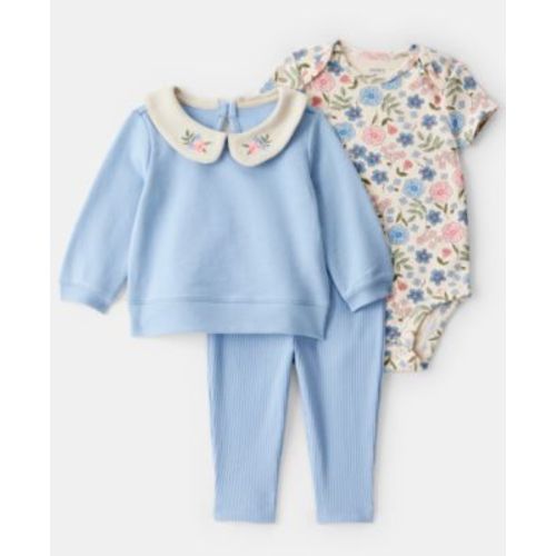 Baby Girls' Floral Collared Cardigan, Bodysuit and Pants, 3-Piece Set