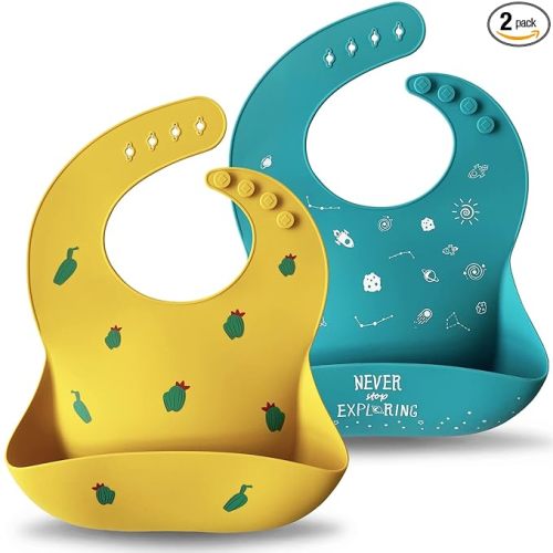 Moonkie Silicone Baby Bibs Set of 2, BPA Free Waterproof Baby Bibs for Eating, Soft Adjustable Silicone Bibs for Babies 6-12 Months, Toddler Bibs with Large Pocket Food Catcher (Teal/Kodak)
