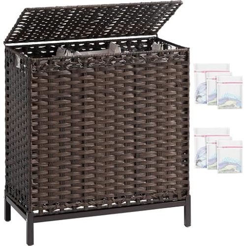 SETVSON Laundry Hamper with Lid, 35 Gal 3-Bag Clothes Sorter, Brown