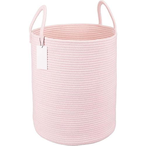 Cotton Rope Laundry Basket Hamper for Girls Kids Baby Nursery Hamper Bin Woven Storage Basket for Living Room Girls room Boho Tall Rope Baskets for Blanket Toys Large light pink