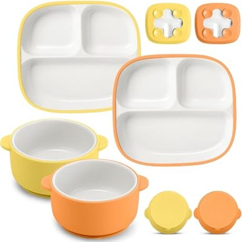 Domensi 4 Pcs Square Porcelain Kid Suction Plate and Bowl,Green, Beige
