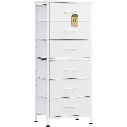 WLIVE White Tall Dresser for Bedroom, 6 Drawer Dressers & Chests of Drawers, Fabric Dresser for Closet, Living Room, Night Stand with Metal Frame, Storage Tower with Fabric Bins, Wood Top