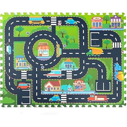 Foam Play Mat for Baby, Interlocking Foam Tiles, City Road Track Puzzle Mat 12 Pieces