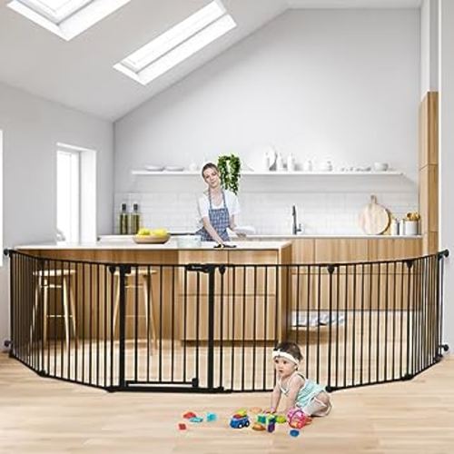 COMOMY 150" Extra Wide Baby Gate with Door, Dog Gates for The House Doorways Fireplace, Auto Close Baby Fence Play Area, Walk Through Pet Gate, Hardware Mounted Baby Gate, 6-Panels (30" Tall, Black)