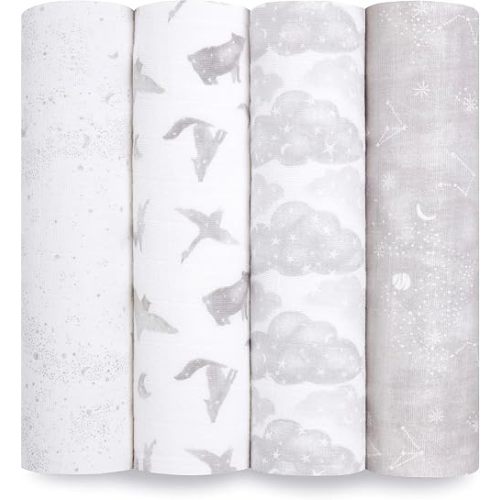 aden + anais Boutique Organic Swaddle Blanket 4-Pack – 100% Organic Cotton Muslin, Large, Soft, Breathable Receiving Blankets for Infants – Lightweight Multi-Use Baby Swaddles, Map The Stars