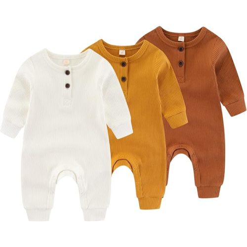 Newborn Baby Boys Girls One Piece Romper With Mitten Cuffs 3 Pack Long Sleeve Ribbed Button Jumpsuit Outfit Clothes