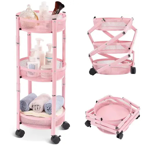 TOOLF 3-Tier Foldable Metal Storage Rolling Cart, Collapsible Utility Cart, No Assemble, Multifunction Organizer Trolley with Lockable Wheels for Kitchen, Living Room, Bathroom, Pink