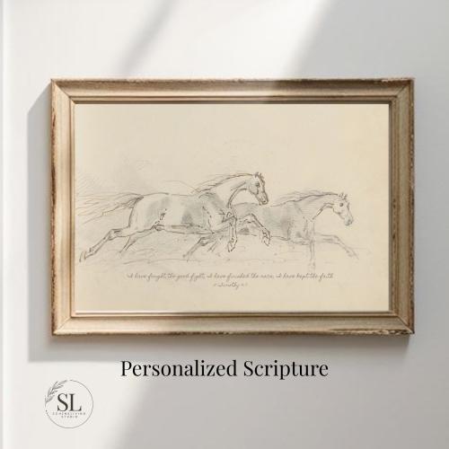 Personalized Scripture Vintage Horse Sketch Print – Custom Bible Verse Wall Art Home Decor Gift