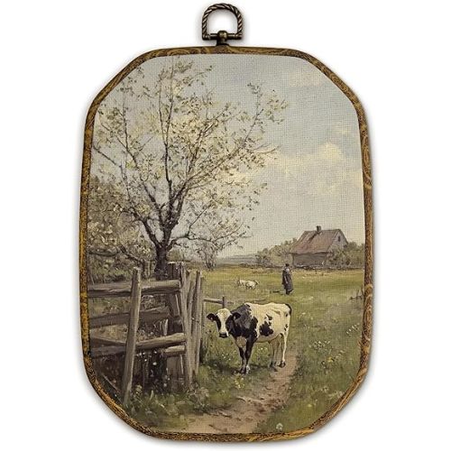 Yjeslw Vintage Farmhouse Cow Octagon Wall Art Decor, Rustic Cow Farm Life Landscape Framed Canvas Prints, Retro Country Wall Hanging Decorations for Home Bedroom Living Room Decor, 10.2x7 Inches