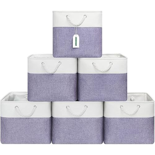 13x13 Inch Cube Storage Bins with Reinforced Bottom Cardboard, 6 Pack Large Collapsible Fabric Storage Cubes with Handles for Shelf, Closet, Toy, Laundry Organization (White&Purple)