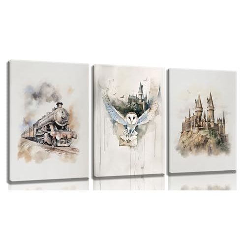 3pcs Magic Nursery Canvas Wall Art Express Train Owl Magic Castle Painting Picture Wall Decor Neutral Watercolor Poster Print Artwork For Kids' Baby Nursery Living Room Decoration Framed