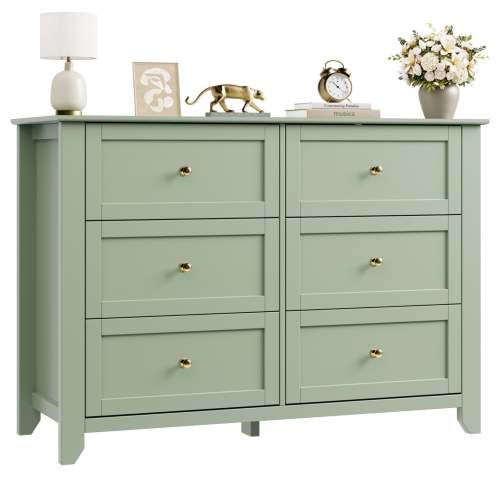 Garvee 6 Drawer Dresser for Bedroom, 47.2" Wide Modern Large Chest of Drawers with Metal Knobs, Wooden Clothes Storage Organizer for Closet, Nursery, Living Room, Apartment, Sage Green