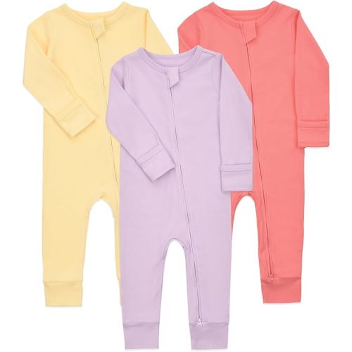 Aablexema Baby Cotton Footless Pajamas with Mitten, 3-pack Infant Romper Zip Up One Piece Jumpsuits Outfit