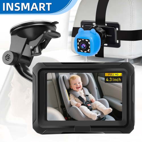 INSMART Baby Car Camera, 4.3" Display 1080P Full HD Baby Car Mirror with Night Vision, Wide View Angle, Safely Monitor Your Child in the Backseat