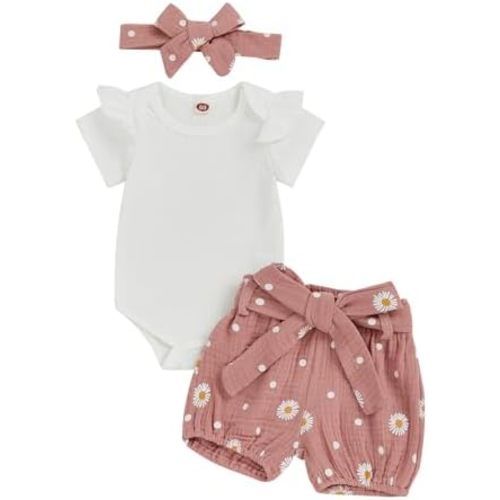 Kaipiclos Newborn Infant Girl Clothes Rib Knit Romper Daisy Print Shorts Headband Baby Summer Clothes 0 3 6 12 18 24 Months