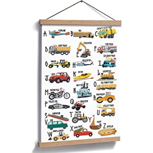 Natural Wood Magnetic Hanger Frame ABC Alphabet Transportation Poster- Colorful Canvas Wall Art Print, Cartoon Construction Truck Picture,28X45cm Frames Hanging Kit