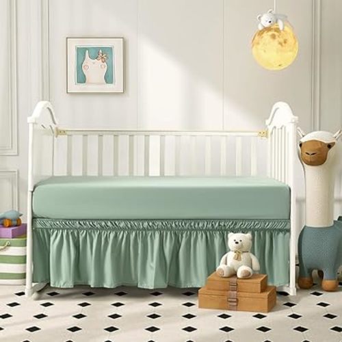 2 Piece Light Sage Green Crib Bed Skirt Fitted Sheet,Crib Sheet Bed Set for Toddlers Baby,52"x28" with 8" Pocket CribSheet,52"x28" with 14" Drop CribSkirt for Standard Toddler Bedding