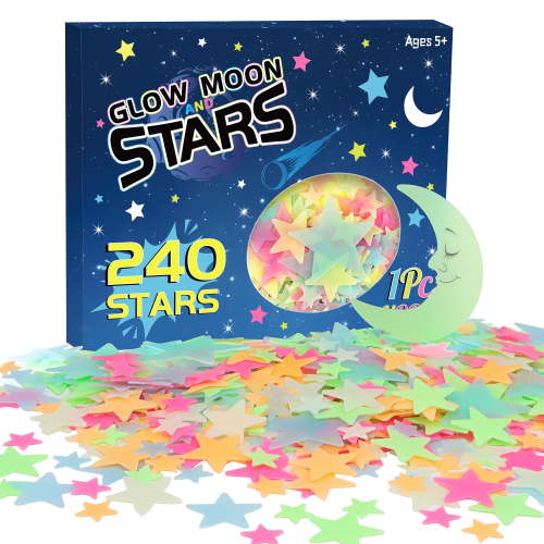 Sinekong 241PCS Glow in The Dark Stars for Ceiling, 3D Stars and Moon Stickers Luminous Wall Decals for Boys Girls Room, Colorful