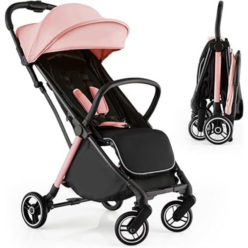 HONEY JOY Lightweight Baby Stroller, Compact Travel Stroller for Airplane, Fits Airplane Cabin & Overhead, One-Hand Gravity Fold, Self-Standing Toddler Stroller w/Adjustable Backrest/Canopy(Pink)