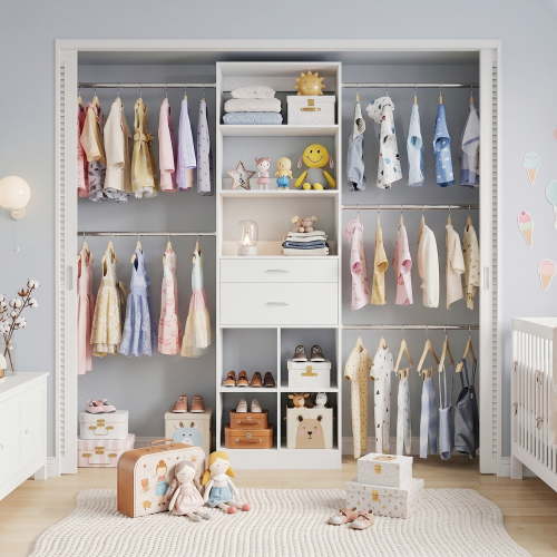 Homieasy Adjustable Small Closet System, 3.2-6.8FT Expandable Closet Organizer with 2 Wooden Drawers & 5 Heavy-Duty Hanging Rods, White