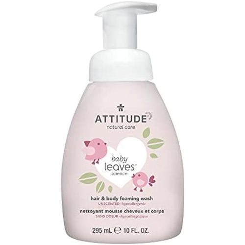 ATTITUDE 2-in-1 Natural Hair and Body Foaming Wash for Baby, EWG Verified Shampoo, Hypoallergenic Bath Soap, Fragrance-Free, 10 Fl. Oz.