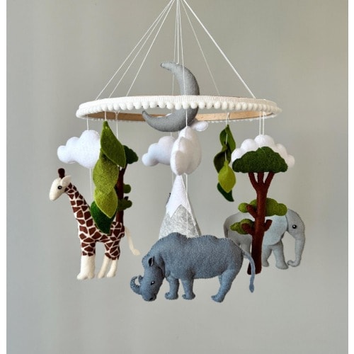 Safari rhino cotton felt mobile | African animals baby mobile with zebra, elephant and giraffe | Custom neutral nursery decor