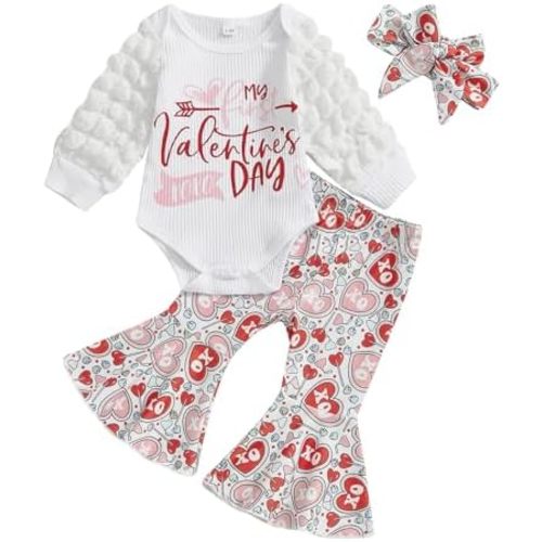 Karuedoo Newborn Baby Girl Valentines Outfit Letter Print Puff Sleeve Romper Heart Bell Bottom Pants Headband 3Pcs Set